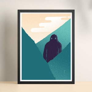 Siebdruck mit Bigfoot im Wald - Kunstdruck Sasquatch  / Monster mit Bäumen / Mighty Kong