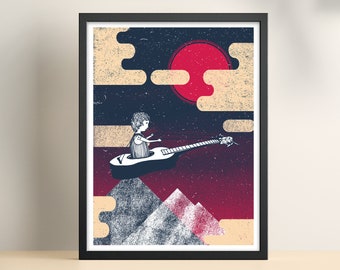 Musician Art Print - Music in space screen print / Small Poster - Flying Guitar Boy / Cpt. Emo