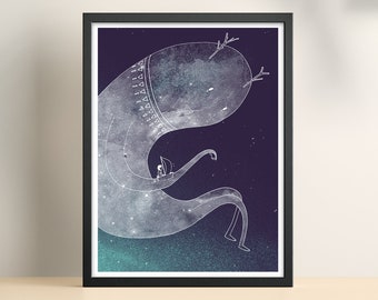 Art Print with monster in space, screen print with boat scene / Small Poster