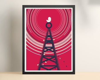 Illustration Bird Art Print, twitter screen print with cardinal on antenna / Small Poster