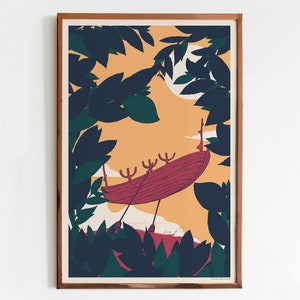 Limited Edition Poster The Sun Voyager Forest Art Print with boat, Silk screen print image 1