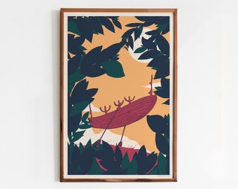 Limited Edition Poster "The Sun Voyager" Forest Art Print with boat, Silk screen print