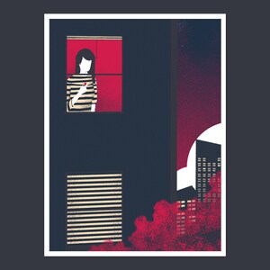 Illustration Art Print with woman and Heart, screen print with dreamy night scene / Small Poster image 6