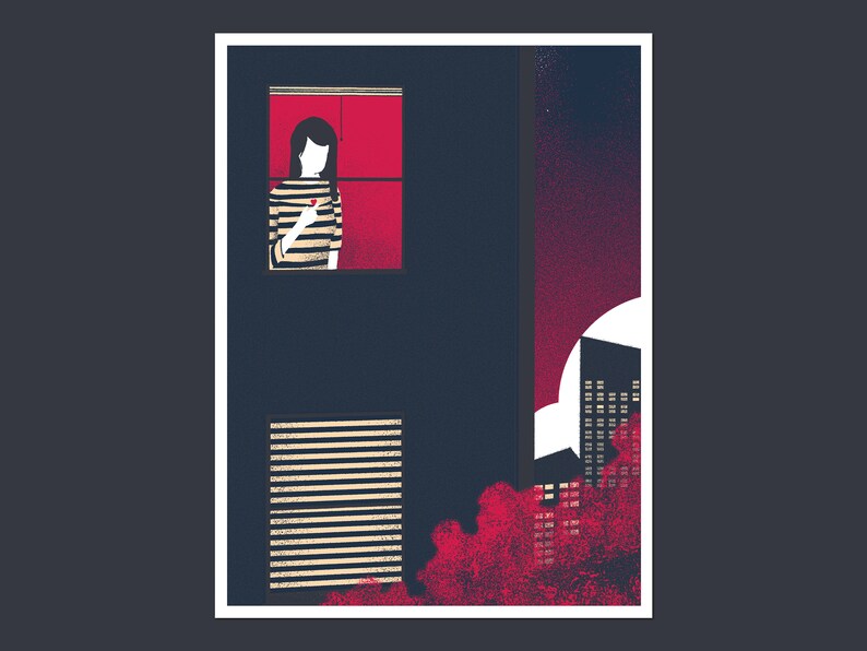 Illustration Art Print with woman and Heart, screen print with dreamy night scene / Small Poster image 6