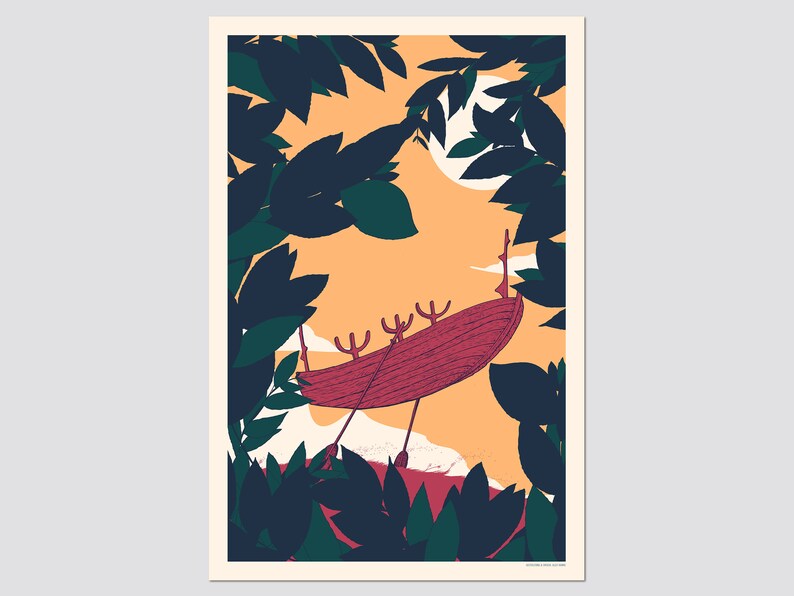 Limited Edition Poster The Sun Voyager Forest Art Print with boat, Silk screen print Standart