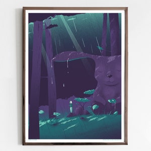 Kunstdruck mit Hase - Siebdruck Poster mit Wald, Regen, Natur und Sonne - Kinderzimmer oder  Wohnzimmer Dekoration