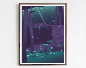 Siebdruck Poster - Kunstdruck mit Hase - Wald, Regen, Natur, Sonne - Chinesisches Neujahr