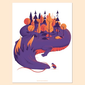 Screen printed poster art print with dragons and people forest, nature, sun Chinese New Year Standart