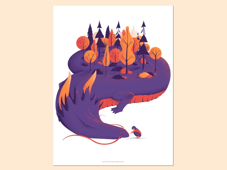 Screen printed poster art print with dragons and people forest, nature, sun Chinese New Year Standart