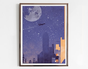 Night All Night - Screen Print, Limited Edition Poster, Modern Art Print with Moon and City