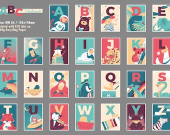 Ensemble alphabet cartes postales ABC - cartes de vœux pour apprendre / papeterie en papier recyclé & couleurs bio