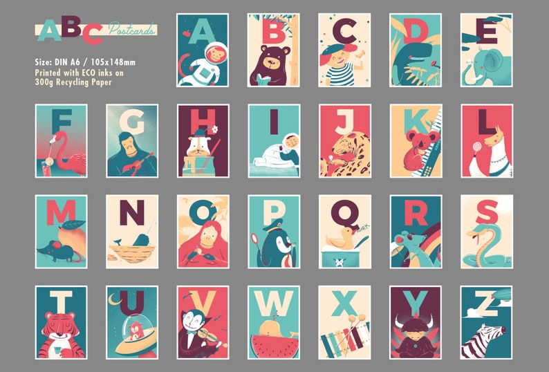 15 ABC Postkarten Set Alphabet Grußkarte nach Wahl / Schreibwaren aus Recycling Papier & BIO Farben Bild 2