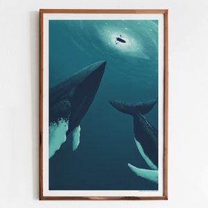 Edición serigrafiada de Hero Whales 2: póster de edición limitada con ballenas, decoración de pared única y serena, ilustración del océano azul.