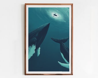 Hero Whales 2 Screen Print - Limited Edition Whale Art Poster, Calm and Unique Wall Decor, Blue Ocean Illustration