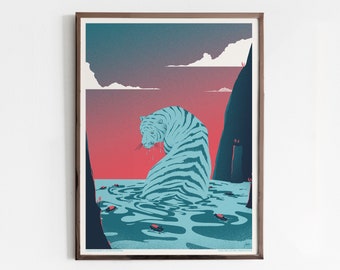 Silkscreen poster - art print with tiger - ocean, boats and sunset - Chinese New Year