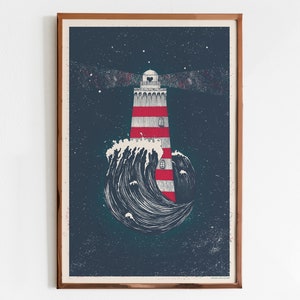 Andromeda - Siebdruck Poster / Leuchtturm Kunstdruck / Limitierte Auflage, Plakat mit Sternen, Ozean Nachthimmel