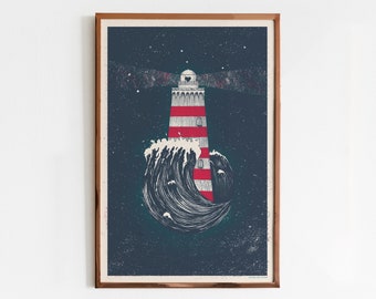 Andromeda Screen Print / Lighthouse Art Print / Limited Edition Poster, Stars and Ocean Night