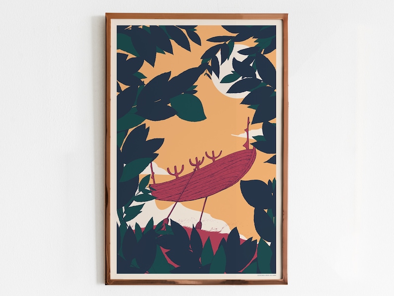 Limited Edition Poster The Sun Voyager Forest Art Print with boat, Silk screen print image 1