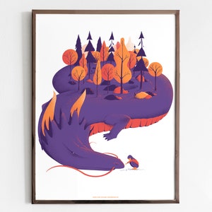 Kunstdruck mit Drachen und Mensch - Siebdruck Poster Wald, Natur, Sonne - Wanddekoration, Kinderzimmer oder Wohnzimmer