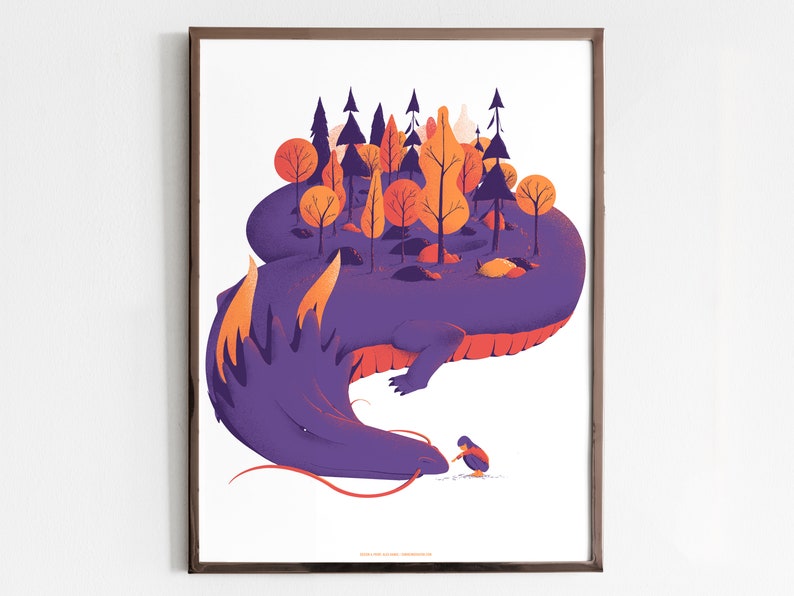 Screen printed poster art print with dragons and people forest, nature, sun Chinese New Year image 1