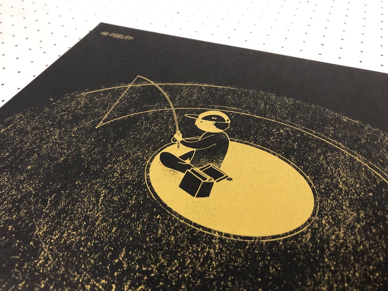 Siebdruck Schwarzes Gold Vinyl Illustration, Poster Dekoration, Musik und DJ, Schallplatten Kunstdruck, Einzigartig, Wandschmuck Bild 6
