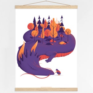 Screen printed poster art print with dragons and people forest, nature, sun Chinese New Year + Poster Hanger