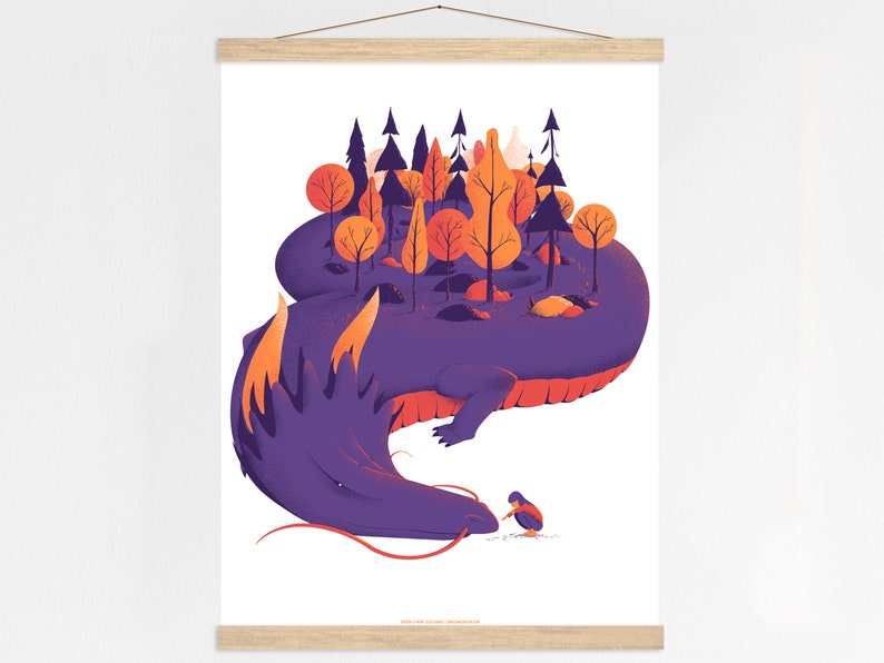 Screen printed poster art print with dragons and people forest, nature, sun Chinese New Year + Poster Hanger