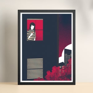 Illustration Art Print with woman and Heart, screen print with dreamy night scene / Small Poster image 1