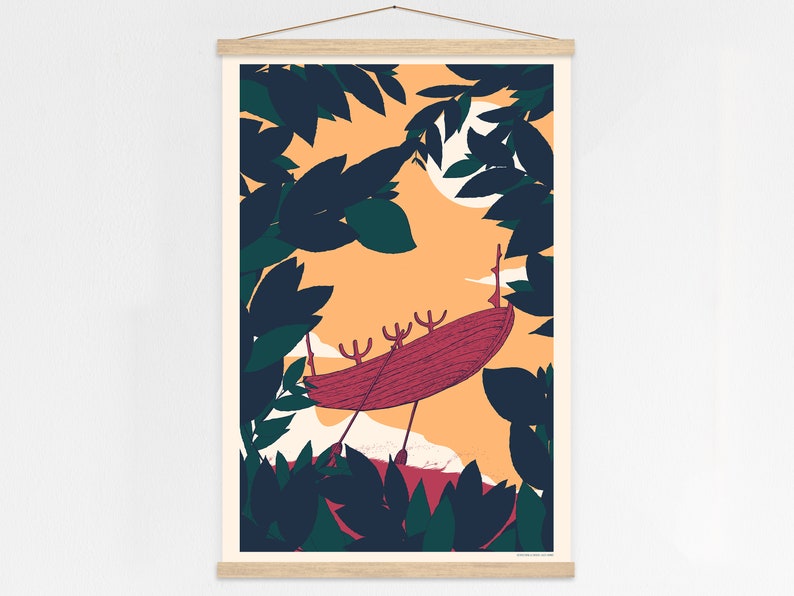 Limited Edition Poster The Sun Voyager Forest Art Print with boat, Silk screen print + Poster Hanger