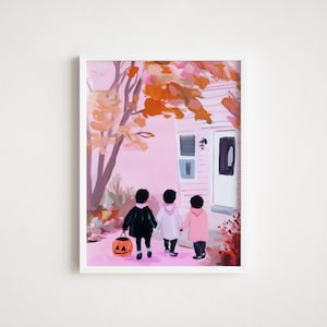 Truco o trato para niños, arte de pared de Halloween para niños, impresión de Halloween en colores pastel, póster de acuarela de fantasmas, pintura infantil de Halloween, otoño