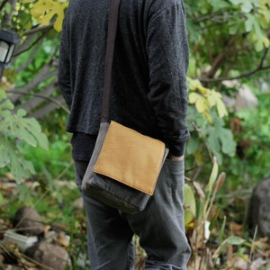 Small Messenger Bag, Canvas Crossbody Bag, Vegan Messenger Purse, Everyday Men&#39;s Bag, Gift For Husband, Brown Yellow Shoulder Bag