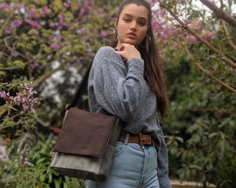 Faux Leather VEGAN Brown Light Blue Purse Unisex Adult or Kids Handbag Tablet Bag Everyday Medium Crossbody Bag Small Canvas Shoulder Bag