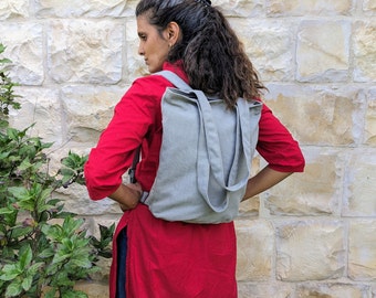 Zaino in tela vegana da donna, borsa per laptop grigia per studenti, fatto a mano
