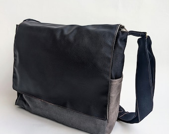 Black and Grey VEGAN Large Messenger Bag for Men, Carryall Travel Bags For Men, Boyfriend's Gift, Vegan Student Bag, Hippie Stylish Man Bag