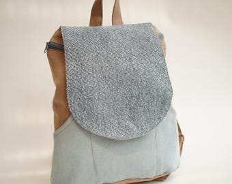 Light blue, light brown Vegan Canvas Backpack, Lightweight Laptop Student Bag