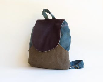 Turquoise and Brown Canvas Backpack Purse, Vegan Rucksack