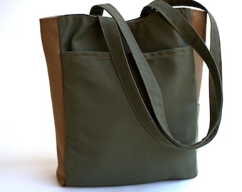 Green & Brown Canvas Tote Bag, Large Vegan Market Bag