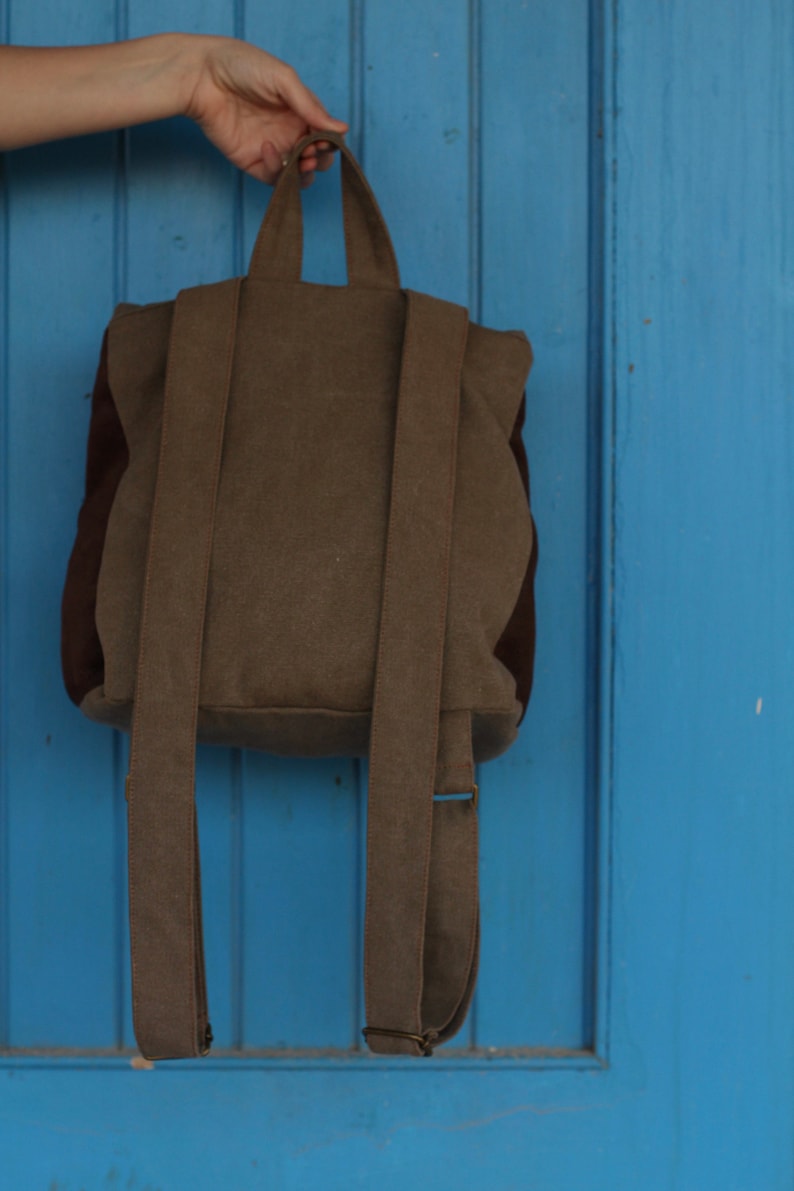 Brown Canvas Backpack Student School Backpack Durable Satchel Backpack Minimalist Backpack Purse Vegan Fabric Rucksack