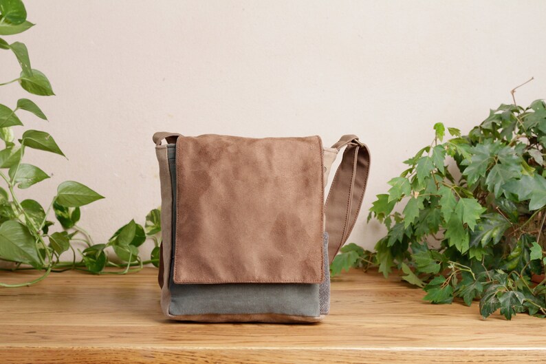 Vegan Khaki Purse Everyday Crossbody Bag Unisex Hipster Bag Tablet Bag Small Canvas Bag