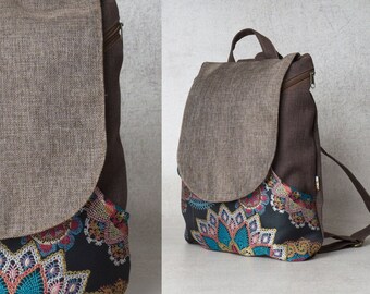 Pattern backpack, canvas backpack women, vegan backpack, college backpack, birthday gifts for her, gift for sister, Bohemian patchwork bag