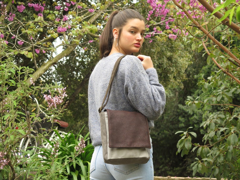 Faux Leather VEGAN Brown Light Blue Purse Unisex Adult or Kids Handbag Tablet Bag Everyday Medium Crossbody Bag Small Canvas Shoulder Bag