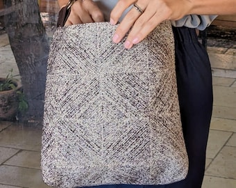 Gray Print Vegan Canvas Hobo Bag, Small Fabric Shoulder Bag