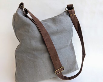 Medium linen gray Hobo Bag, Everyday Boho Bags, Canvas Shoulder Handbag, Stylish Vegan Bags, Carryall Shoulder Purse, Gift to Her