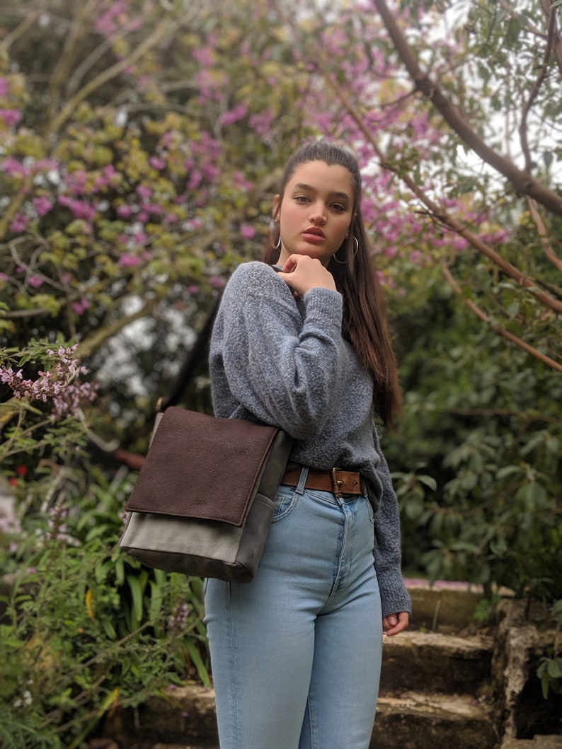 Faux Leather VEGAN Brown Light Blue Purse Unisex Adult or Kids Handbag Tablet Bag Everyday Medium Crossbody Bag Small Canvas Shoulder Bag
