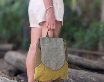 Canvas Backpack Purse, Mustard & Greenish Backpack, Women Day Backpack, Laptop Rucksack, Zipper Backpack, Women Gifts