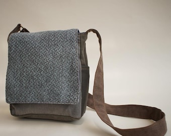 Small Canvas light blue & Gray Crossbody Messenger Bag, Vegan Unisex Bag