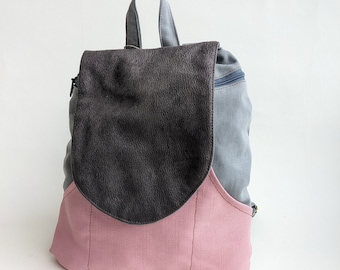 Pink Canvas Backpack Purse, Backpack For Women, Cute Vegan Backpack Bags, Handmade Grey Pink Bag, Laptop Backpack, School Backpack