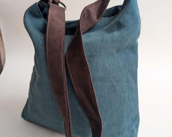 Handmade Canvas Hobo Bag,Linen Turquoise, Vegan Shoulder Bag, Medium Large