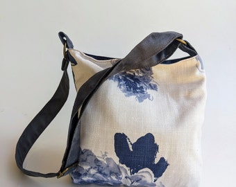 Blue flowers Handbag For Women, Vegan Canvas Bag, Fabric Shoulder Bag, Small Hobo Bag, Everyday Fashion Bag, Evening Purse