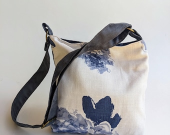 Blue Flowers Canvas Hobo Bag, Vegan Shoulder Bag
